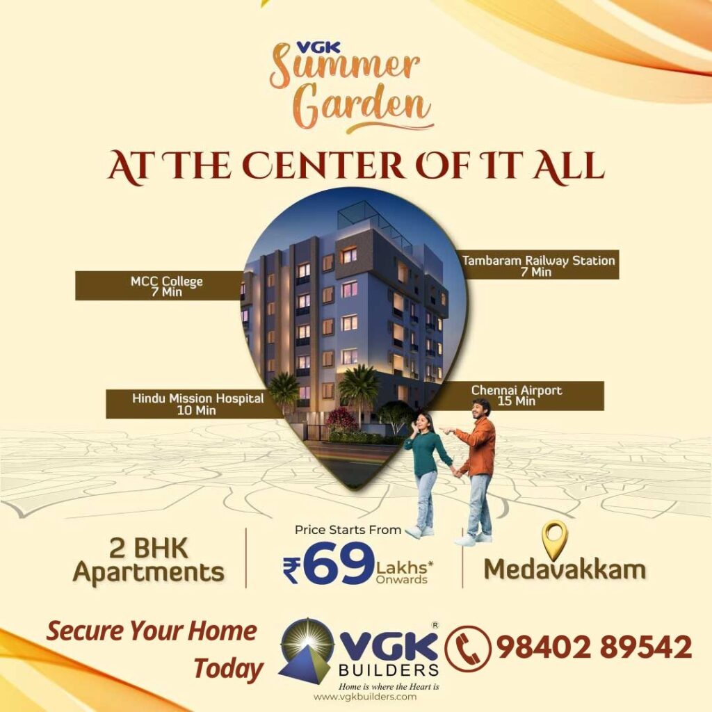 Tambaram | 2 & 3 Bedroom Apartments For Sale | Luxury Living | New furnished Apartments near me VGK Summer Garden, Medavakkam, Ready-to-Occupy, CMDA & RERA APPROVED,2 & 3 BHK Apartments, Prime Location